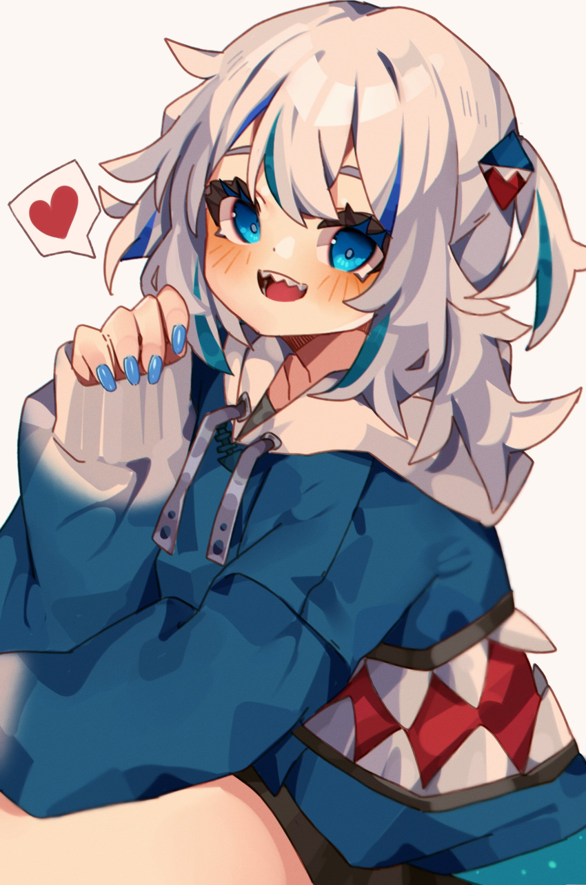 1girl :d absurdres aridonall bangs blue_eyes blue_hair blue_nails blush commentary drawstring english_commentary gawr_gura hair_between_eyes heart highres hololive hololive_english hood hood_down hoodie long_sleeves multicolored_hair nail_polish open_mouth sharp_teeth simple_background sleeves_past_wrists smile solo spoken_heart streaked_hair teeth two-tone_hair two_side_up virtual_youtuber white_background white_hair