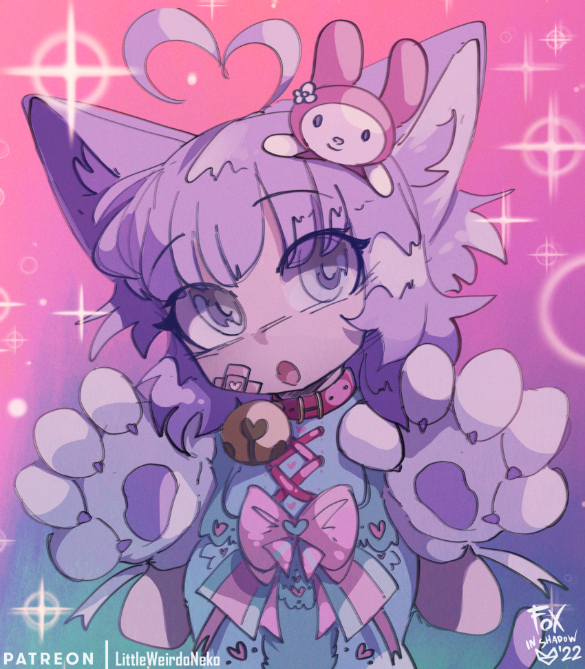 1girl :o animal_ears animal_hands bandages cat_ears cat_paws collar foxinshadow highres looking_at_viewer my_melody onegai_my_melody open_mouth original purple_hair ribbon short_hair solo sparkle violet_eyes