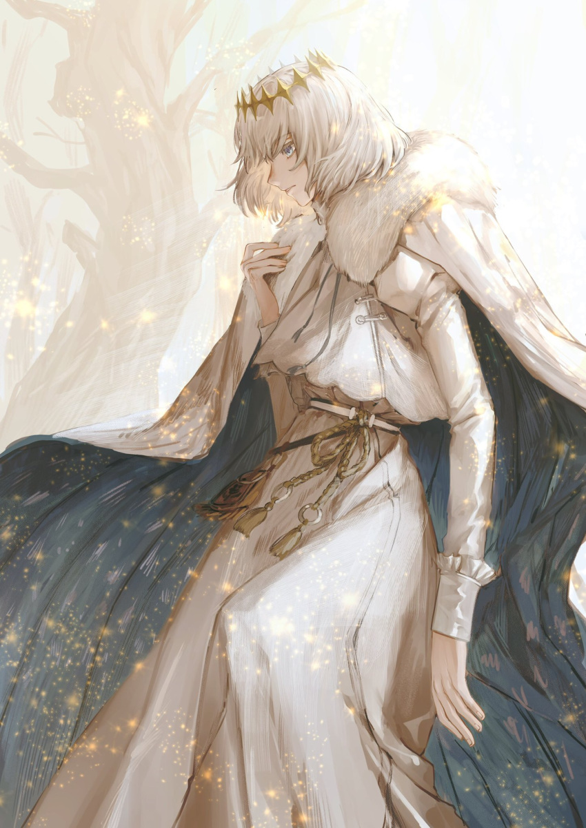1boy bangs blue_eyes cape cloak commentary_request crown diamond_hairband expressionless fate/grand_order fate_(series) feet_out_of_frame from_side fur-trimmed_cloak fur_collar fur_trim grey_hair hand_up highres kora_(sinntaro) long_sleeves looking_away male_focus medium_hair no_wings oberon_(fate) official_alternate_costume solo tassel white_cape white_fur white_hair