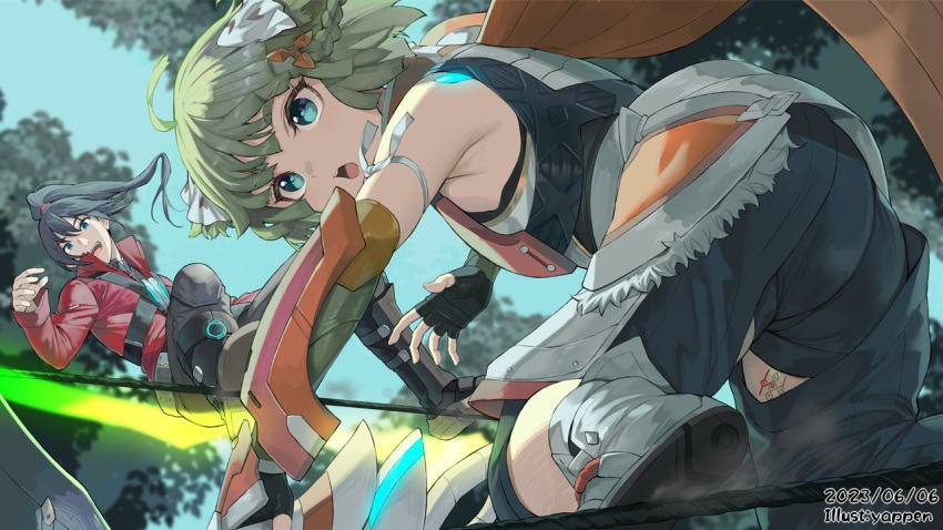 1boy 1other ahoge animal_ears armor black_hair blue_eyes boots bow braid breastplate cat_ears crotchless crotchless_pants fingerless_gloves from_below gauntlets gloves green_hair jacket juniper_(xenoblade) long_hair noah_(xenoblade) open_mouth pants ponytail purple_bow rope scarf short_hair shorts side_braid sliding xenoblade_chronicles_(series) xenoblade_chronicles_3 yappen