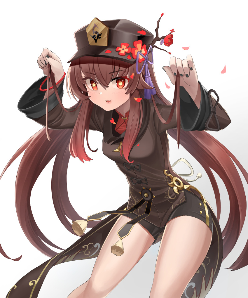 1girl :3 absurdres alternate_headwear bangs black_nails black_shorts bracelet brown_hair cabbie_hat chinese_clothes commentary eyebrows_visible_through_hair flower genshin_impact ghost_pose hat hat_flower hat_ornament highres hu_tao_(genshin_impact) jewelry leaning_forward long_hair looking_at_viewer orange_eyes pang-yo parted_lips petals short_shorts shorts sidelocks simple_background smile solo symbol-shaped_pupils twintails white_background