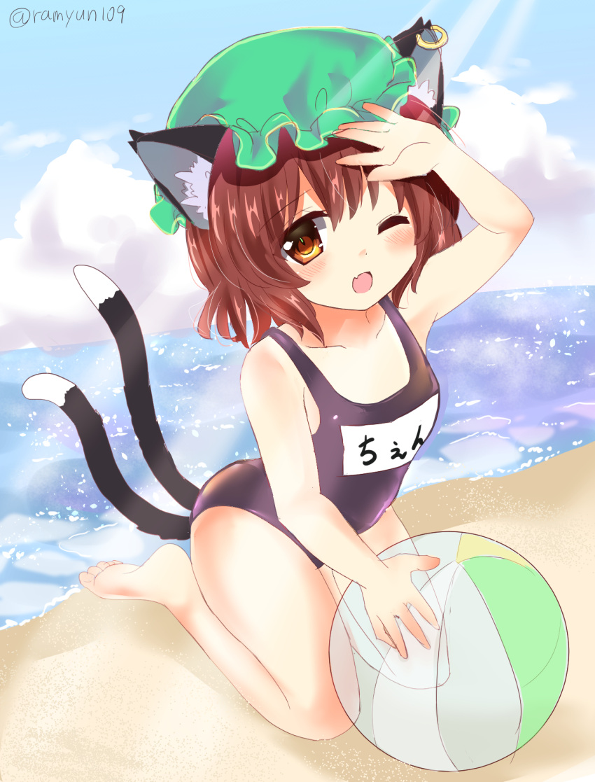 1girl ;d alternate_costume animal_ear_fluff animal_ears arm_up ball bangs bare_shoulders barefoot beachball blush breasts brown_eyes brown_hair cat_ears cat_tail chen clouds collarbone cumulonimbus_cloud day earrings eyebrows_visible_through_hair fang hand_on_forehead hat highres horizon jewelry kneeling light_rays looking_at_viewer medium_hair mob_cap multiple_tails nekomata one-piece_swimsuit one_eye_closed open_mouth outdoors ramudia_(lamyun) see-through single_earring skin_fang small_breasts smile solo swimsuit tail toes touhou two_tails water