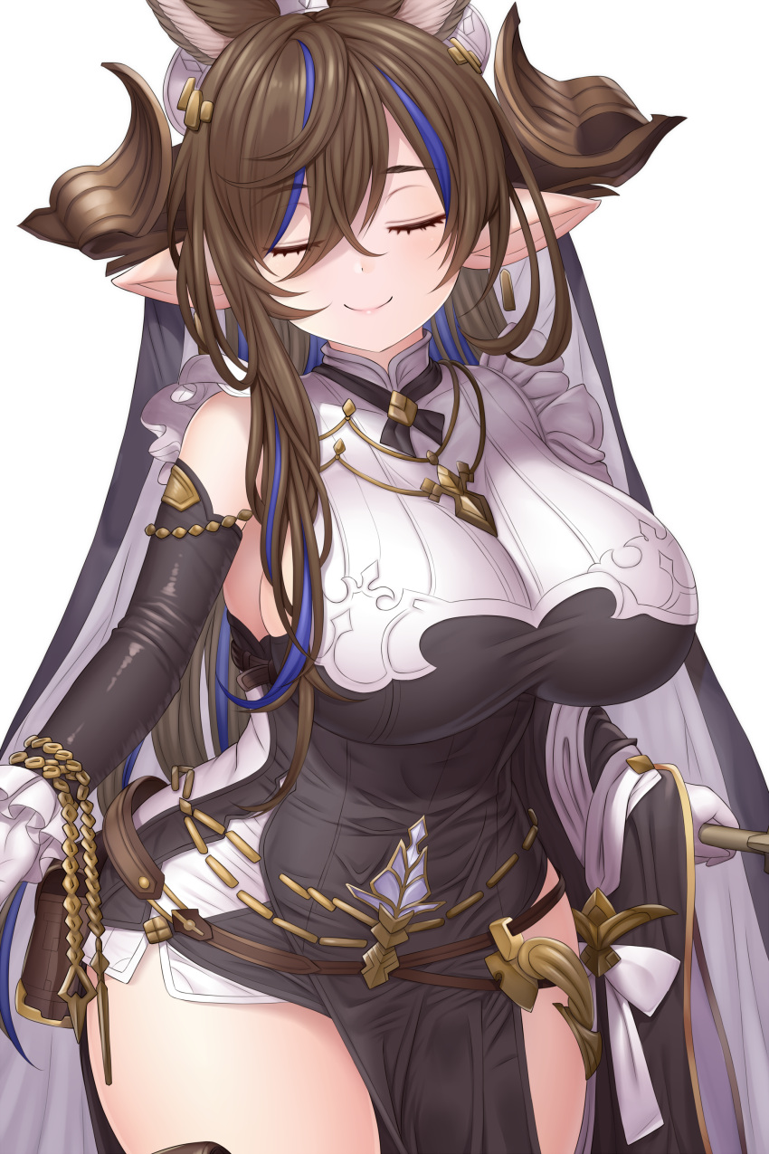 1girl absurdres animal_ears asamura_hiori bangs bare_shoulders black_dress black_legwear blush breasts brown_hair closed_eyes closed_mouth commentary_request detached_sleeves dress extra_ears facing_viewer galleon_(granblue_fantasy) granblue_fantasy highres horns large_breasts long_hair long_sleeves pelvic_curtain pointy_ears revision simple_background smile solo thigh-highs thighs very_long_hair white_background