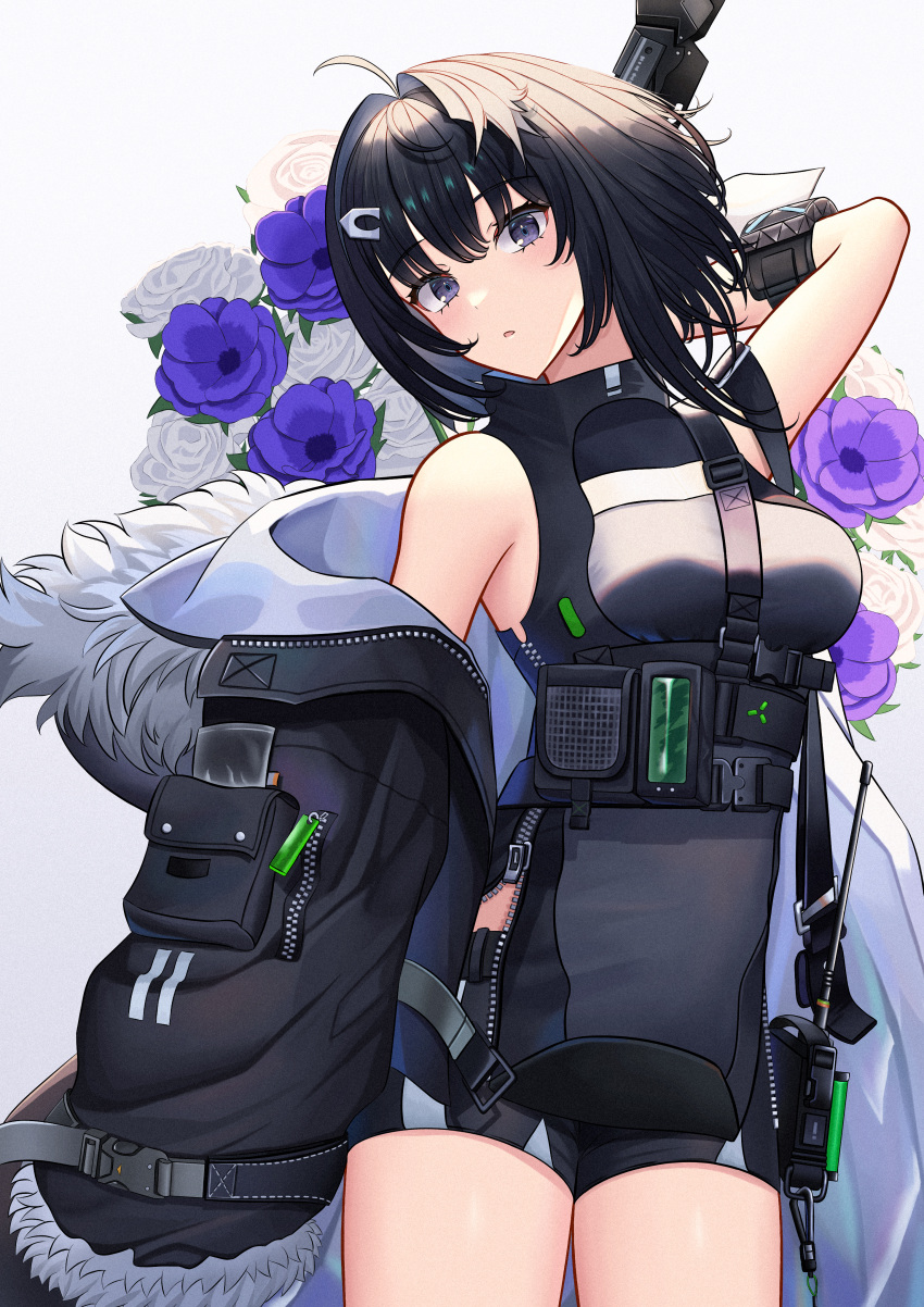 1girl absurdres ahoge arknights arm_up bangs bare_shoulders black_hair black_shirt black_shorts blue_flower blush breasts commentary cowboy_shot flower fur-trimmed_jacket fur_trim grey_background grey_eyes hair_intakes hair_ornament hairclip head_tilt highres jacket la_pluma_(arknights) long_sleeves medium_breasts off_shoulder open_clothes open_jacket parted_lips purple_flower rose shirt short_shorts shorts simple_background sleeveless sleeveless_shirt solo standing tallon white_flower white_rose