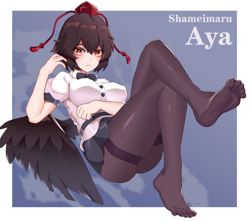 1girl absurdres belt bird_wings black_belt black_bow black_bowtie black_hair black_legwear black_skirt black_wings bow bowtie breasts buttons callmaichi closed_mouth collared_shirt commentary_request covered_nipples feathered_wings feet hat highres looking_at_viewer medium_breasts miniskirt no_shoes pantyhose pleated_skirt puffy_short_sleeves puffy_sleeves red_eyes red_headwear shameimaru_aya shirt short_hair short_sleeves skirt soles tassel tengu toes tokin_hat touhou white_shirt wings