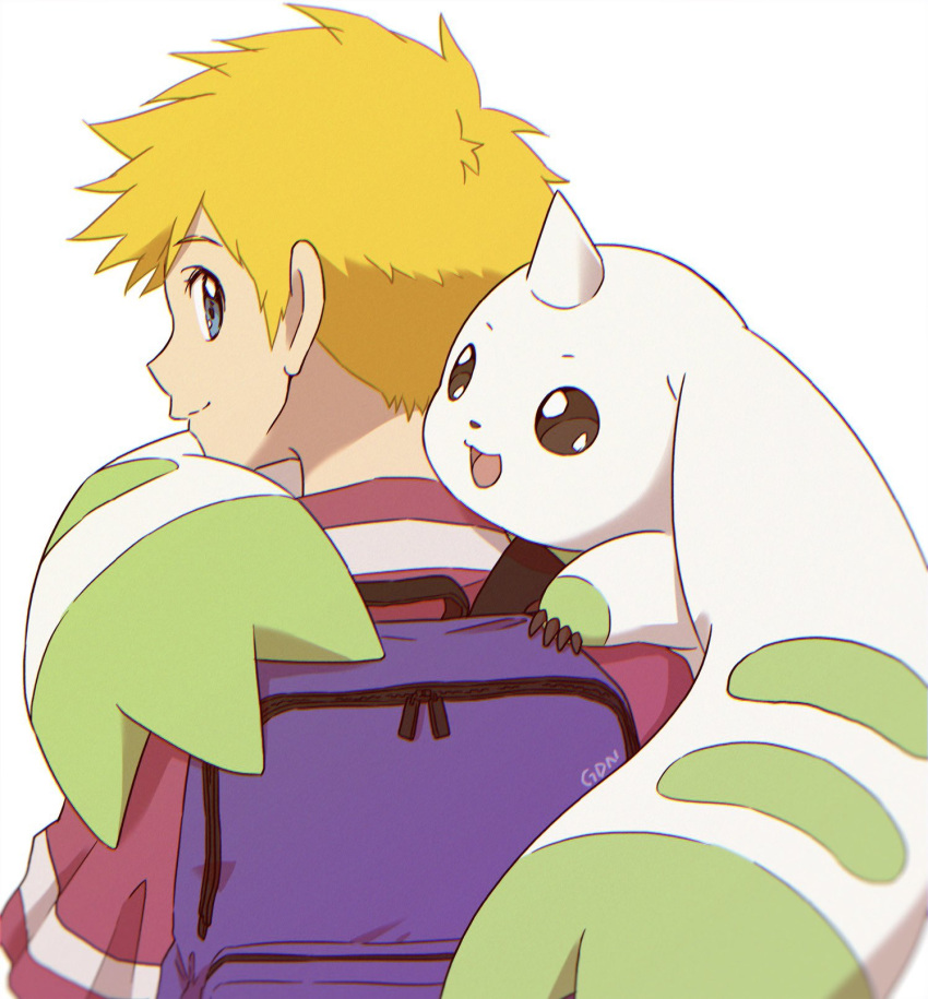 1boy :d backpack bag bangs blonde_hair brown_eyes digimon digimon_adventure_02 gdn0522 grey_background highres horns looking_at_viewer looking_back open_mouth short_hair simple_background single_horn smile terriermon upper_body willis_(digimon)