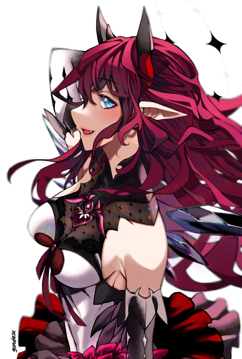 1girl :d arm_behind_head artist_name bare_shoulders blue_eyes breasts brooch covered_navel detached_sleeves english_commentary fang frilled_skirt frills gem goro_desu hair_between_eyes hair_over_shoulder highres hololive hololive_english horns irys_(hololive) jewelry lips long_hair looking_at_viewer medium_breasts open_mouth pointy_ears pointy_nose rainbow_gradient red_skirt redhead sideboob sidelocks simple_background skirt smile solo upper_body virtual_youtuber white_background wings