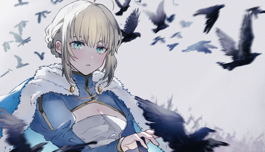 1girl ahoge artoria_pendragon_(fate) bird blonde_hair blouse blush braid breasts cape crow excalibur_(fate/stay_night) fate/grand_order fate/stay_night fate/zero fate_(series) frown fur_collar fur_trim green_eyes hair_bun hair_ribbon highres long_hair long_sleeves looking_away nigiri ribbon saber solo sword upper_body weapon white_fur