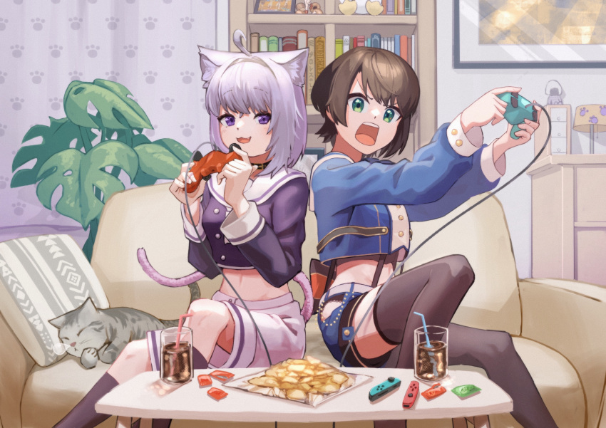 2girls absurdres ahoge animal_collar animal_ears bangs black_collar black_panties blue_eyes blue_shorts brown_hair buttons cat cat_ears cat_girl cat_tail chips collar controller couch cropped_jacket cropped_shirt drink drinking_straw food haruno_(user_ajkf5285) highres hip_vent hololive hololive_gamers multiple_girls neckerchief nekomata_okayu nintendo_switch oozora_subaru panties potato_chips purple_hair short_hair shorts sleeve_cuffs socks subaru_duck suspender_shorts suspenders swept_bangs table tail underwear violet_eyes virtual_youtuber white_neckerchief white_shorts