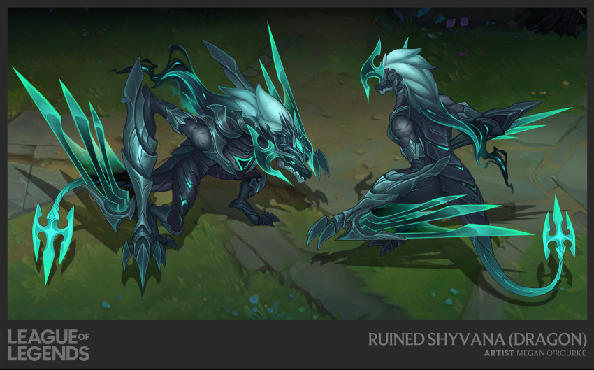 1girl armor artist_name character_name claws copyright_name dragon english_commentary glowing glowing_eyes green_eyes green_hair grey_hair highres league_of_legends long_hair multiple_views outdoors ruined_shyvana shyvana standing vegacolors