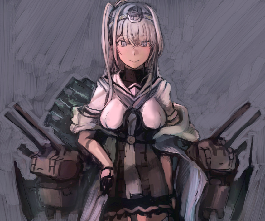 1girl absurdres bangs black_gloves black_skirt breasts chou-10cm-hou-chan_(fuyutsuki's) commentary fuyutsuki_(kancolle) gloves grey_background grey_eyes grey_neckerchief hachimaki hair_between_eyes hand_on_hip headband headgear highres kantai_collection large_breasts long_hair moor neckerchief one_side_up rigging silver_hair simple_background skirt smile solo white_headband