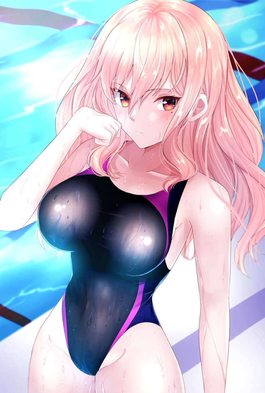 1girl black_swimsuit breasts commentary_request competition_swimsuit cowboy_shot groin highleg highleg_swimsuit highres ilsa34660285 large_breasts long_hair looking_at_viewer one-piece_swimsuit original pink_hair red_eyes solo swimsuit two-tone_swimsuit wet wet_clothes wet_swimsuit