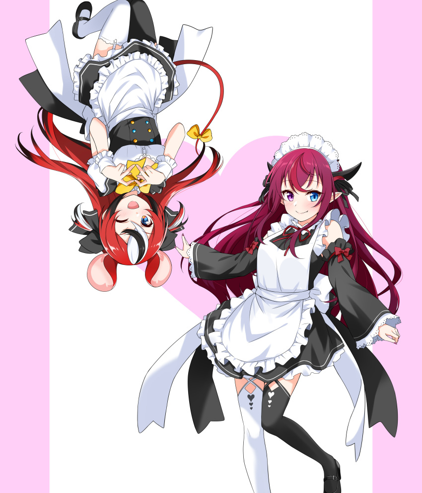 2girls ;d absurdres alternate_costume animal_ears apron asymmetrical_legwear black_hair black_legwear black_ribbon blue_eyes bow bowtie commentary detached_sleeves enmaided fang fang_out felutiahime frilled_apron frills garter_straps hair_ribbon hakos_baelz heart heart_background heart_hands heterochromia highres hololive hololive_english horns irys_(hololive) leotard long_hair looking_at_viewer maid maid_headdress mismatched_legwear mouse_ears mouse_girl mouse_tail multicolored_hair multiple_girls multiple_horns nail_polish neck_ribbon one_eye_closed open_mouth pointy_ears puffy_short_sleeves puffy_sleeves purple_hair purple_nails red_ribbon redhead ribbon short_sleeves simple_background smile streaked_hair tail tail_bow tail_ornament thigh-highs two_side_up upside-down violet_eyes virtual_youtuber waist_apron white_hair white_leotard wide_sleeves wrist_cuffs yellow_bow yellow_bowtie