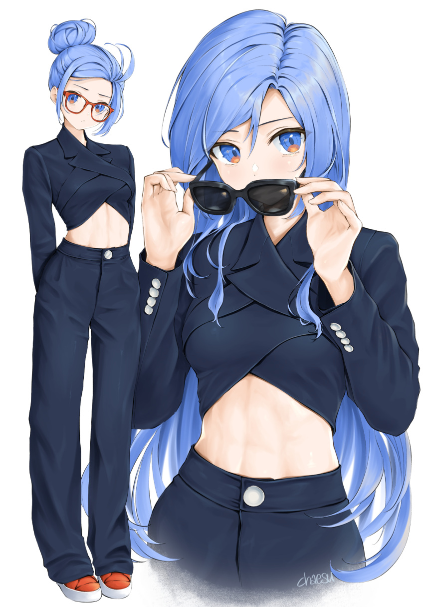 1girl black_jacket black_pants blue_eyes blue_hair chaesu commentary crop_top cropped_jacket forehead full_body glasses hair_bun hands_up head_tilt highres holding holding_eyewear jacket long_hair long_sleeves looking_at_viewer midriff minah_(chaesu) multiple_views original pants red-framed_eyewear shoes simple_background standing stomach sunglasses symbol-only_commentary upper_body very_long_hair white_background