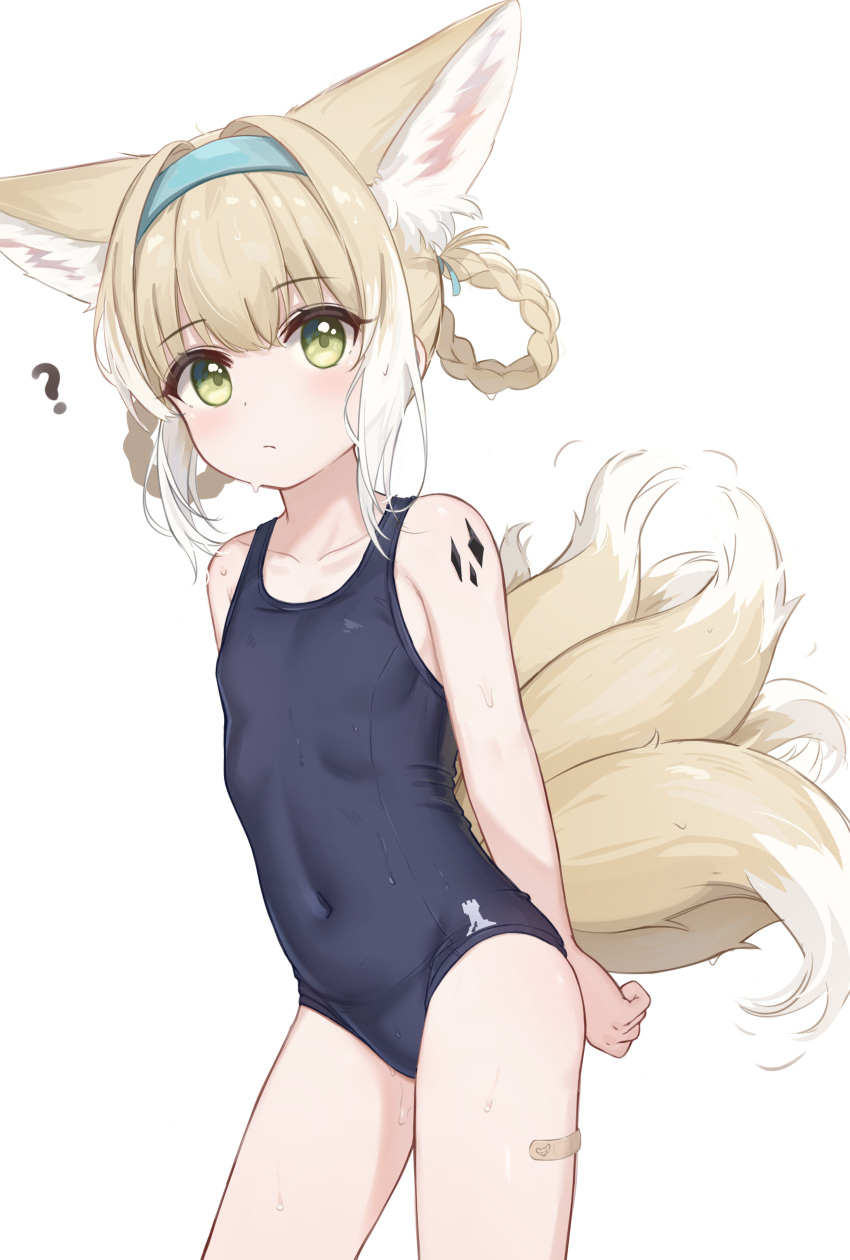 1girl ? absurdres animal_ear_fluff animal_ears arknights bandaid bandaid_on_leg bangs bare_shoulders blonde_hair blue_hairband blue_swimsuit blush braid breasts closed_mouth collarbone covered_navel cowboy_shot eyebrows_visible_through_hair fox_ears fox_girl fox_tail green_eyes hairband hawawa highres long_hair looking_at_viewer multicolored_hair multiple_tails name_tag old_school_swimsuit one-piece_swimsuit reward_available school_swimsuit sidelocks small_breasts solo spoken_question_mark standing suzuran_(arknights) swimsuit tail white_background white_hair