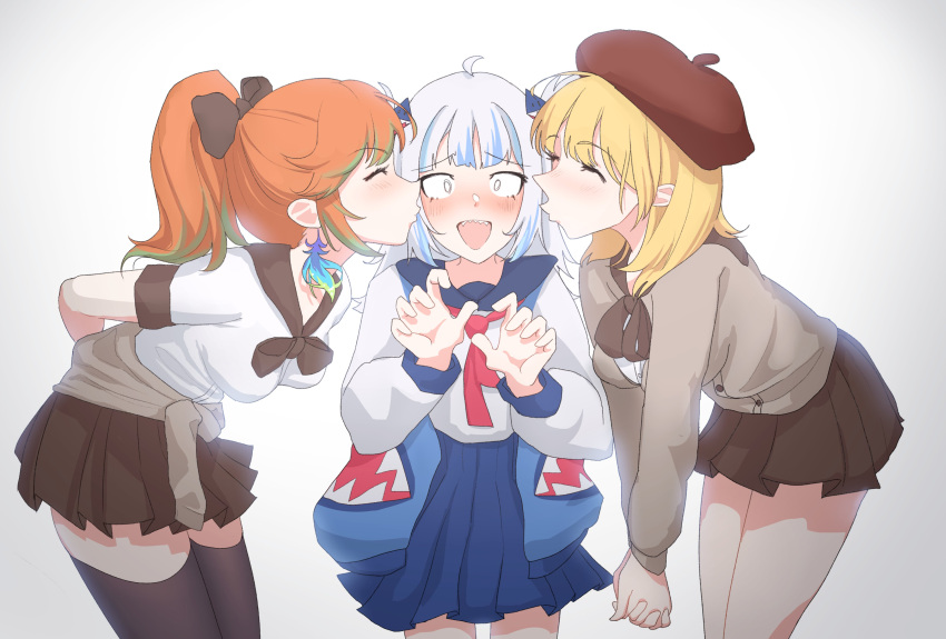 3girls absurdres ahoge arms_behind_back beret black_legwear blonde_hair blue_hair blue_skirt blush brown_cardigan brown_skirt cardigan closed_eyes double_cheek_kiss fish_tail gawr_gura hand_on_another's_face hand_on_another's_shoulder hat heart highres hololive hololive_english holomyth kiss kissing_cheek maevehana medium_hair multicolored_hair multiple_girls orange_hair own_hands_clasped own_hands_together plaid pleated_skirt ponytail red_ribbon ribbon school_uniform shark_tail silver_hair simple_background skirt streaked_hair surprised tail takanashi_kiara virtual_youtuber watson_amelia white_background yuri