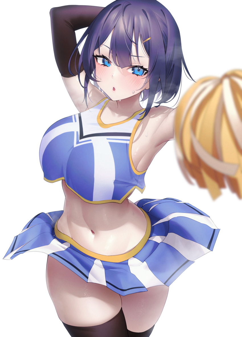 1girl arm_up arm_warmers armpits bare_shoulders black_legwear blue_eyes blue_hair blue_shirt blue_skirt blurry blurry_foreground breasts cheerleader commentary cowboy_shot crop_top crop_top_overhang depth_of_field gold_trim highres holding holding_pom_poms large_breasts looking_at_viewer midriff miniskirt navel original outstretched_arm parted_lips pleated_skirt pom_pom_(cheerleading) raised_eyebrow revealing_clothes shirt short_hair skirt sleeveless sleeveless_shirt solo stomach sweat thigh-highs thighs wind wind_lift yaye zettai_ryouiki