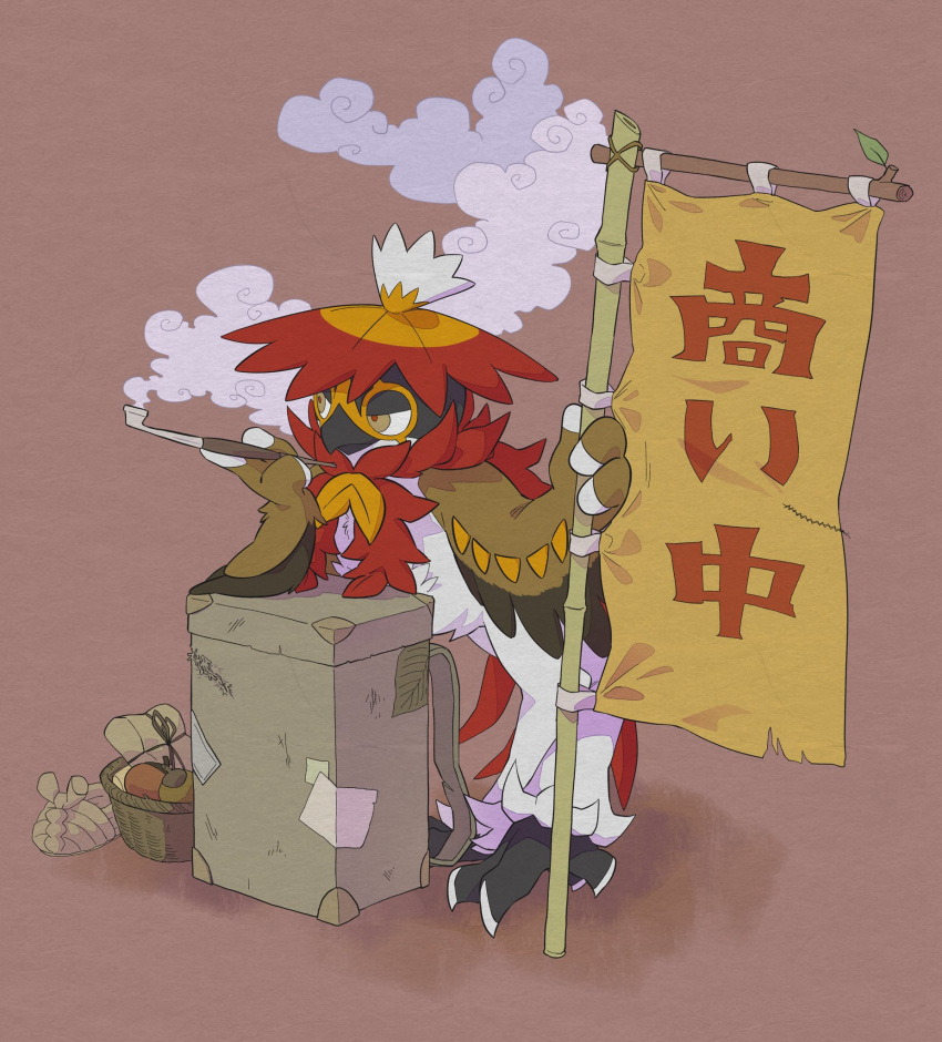banner basket brown_background brown_eyes closed_mouth commentary highres hisuian_decidueye holding pipe pkpokopoko3 pokemon pokemon_(creature) red_pupils shoes shoes_removed smile smoke smoking solo standing white_fur