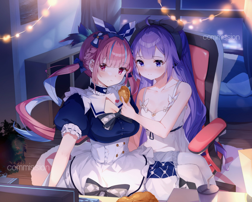 2girls azur_lane chair commission computer crossover food gaming_chair guzangnanfeng highres hololive keyboard_(computer) minato_aqua monitor multiple_girls official_art sitting sitting_on_lap sitting_on_person unicorn_(azur_lane) virtual_youtuber