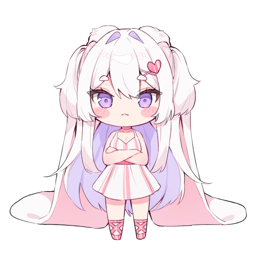1girl :&lt; animal_ears bangs blush_stickers cheli_(kso1564) chibi closed_mouth commentary_request crossed_arms dress eyebrows_visible_through_hair floppy_ears full_body hair_between_eyes hair_intakes hair_ornament hairclip heart heart_hair_ornament large_ears looking_at_viewer multicolored_hair original pink_footwear purple_hair rabbit_ears shoes short_eyebrows simple_background sleeveless sleeveless_dress solo standing striped striped_dress thick_eyebrows two-tone_hair vertical-striped_dress vertical_stripes violet_eyes white_background white_dress white_hair x_hair_ornament
