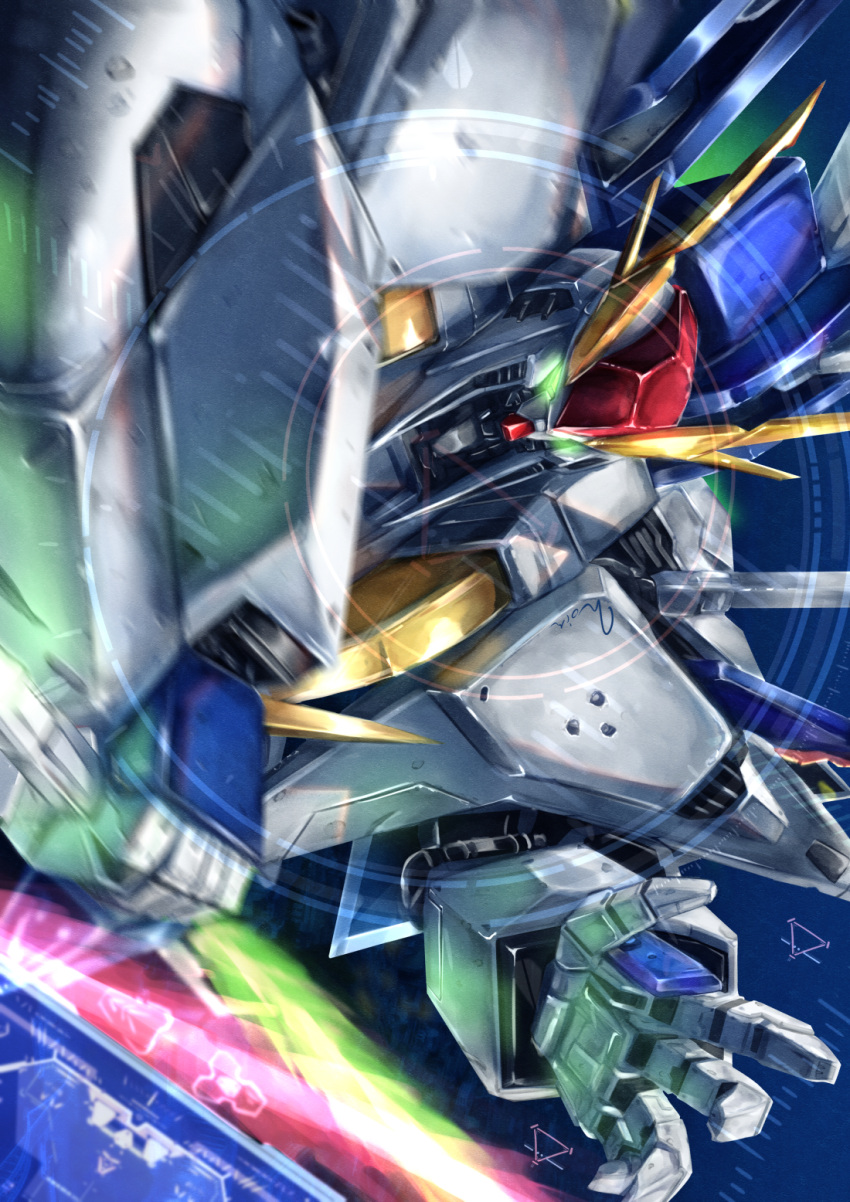 beam_saber commentary energy_sword glowing glowing_eyes green_eyes gundam gundam_hathaway's_flash highres looking_at_viewer mecha mobile_suit motion_blur no_humans noir_(nowaru) open_hand pov science_fiction solo sword v-fin weapon xi_gundam