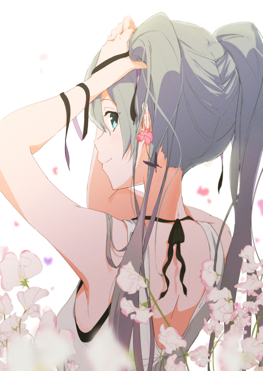1girl absurdres arms_up black_ribbon blue_eyes blue_hair closed_mouth commentary_request earrings falling_petals flower flower_earrings from_behind hatsune_miku highres jewelry long_hair looking_at_viewer looking_back petals pink_flower pre_sktch profile ribbon shoulder_blades simple_background smile solo tank_top twintails tying_hair upper_body vocaloid white_background white_flower white_tank_top