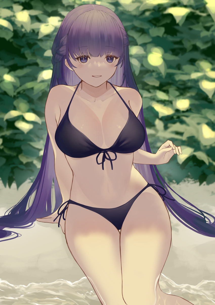 1girl absurdres arm_at_side bangs beach bikini black_bikini braid breasts commission eyebrows_visible_through_hair fire_emblem fire_emblem:_the_binding_blade front-tie_bikini front-tie_top halterneck highres large_breasts light_smile long_hair looking_at_viewer outdoors parted_lips purple_hair samidareame side-tie_bikini side_braid sitting skeb_commission solo sophia_(fire_emblem) swimsuit very_long_hair violet_eyes