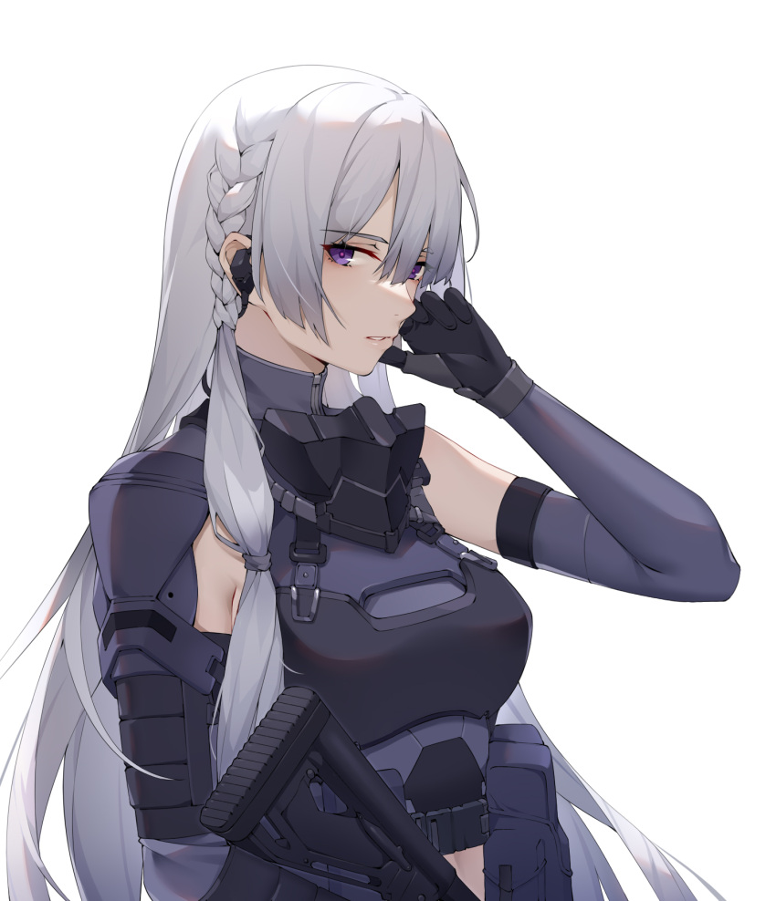 1girl ak-15 ak-15_(girls'_frontline) assault_rifle bangs black_gloves braid breasts earpiece elbow_gloves eyebrows_visible_through_hair girls_frontline gloves gun hand_on_own_cheek hand_on_own_face highres holding holding_gun holding_weapon kalashnikov_rifle long_hair looking_at_viewer open_mouth parted_lips purple_gloves revision rifle side_braid silver_hair solo tactical_clothes upper_body violet_eyes weapon white_background wsfw