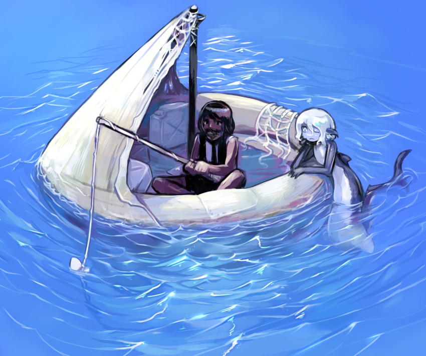 black_hair blue_background boat dark-skinned_male dark_skin fishing fishing_rod highres idon mermaid monster_girl net ocean original outdoors shark_girl sitting water watercraft white_hair