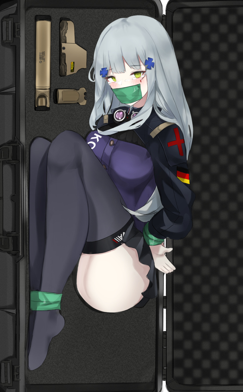 1girl absurdres bangs black_legwear blush breasts eyebrows_visible_through_hair gagged german_flag girls_frontline green_eyes grey_skirt hair_ornament hairclip highres hk416_(girls'_frontline) long_hair looking_at_viewer lying medium_breasts no_shoes on_side pz-15 restrained silver_hair simple_background skirt solo tactical_clothes teardrop_facial_mark teardrop_tattoo tears thigh-highs uniform weapon_case