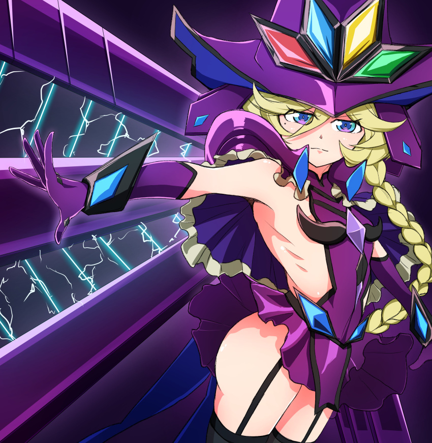 1girl absurdres ass blue_eyes blush braid braided_ponytail carol_malus_dienheim closed_mouth electricity garter_straps hat highres long_hair looking_at_viewer microskirt mole mole_under_eye ribs senki_zesshou_symphogear shiny shiny_hair shiny_skin side_cutout sideless_outfit skirt solo thigh-highs user_kaph7525