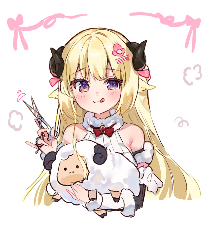1girl :q animal animal_ears bangs bare_shoulders blonde_hair blush cheli_(kso1564) closed_mouth commentary_request curled_horns dress eyebrows_visible_through_hair hair_ornament hairclip highres holding holding_animal hololive horns long_hair scissors sheep_ears sheep_girl sheep_horns simple_background sleeveless sleeveless_dress smile solo tongue tongue_out tsunomaki_watame upper_body very_long_hair violet_eyes virtual_youtuber white_background white_dress