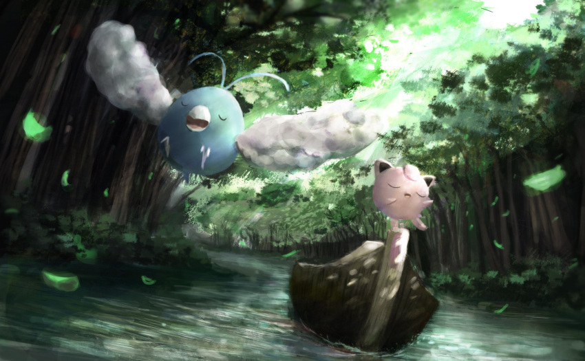 boat closed_eyes daytime flying forest gen_1_pokemon gen_3_pokemon jigglypuff leaves nagashito_(nagashito723) on_boat open_mouth pokemon pokemon_(creature) river sunbeam sunlight swablu