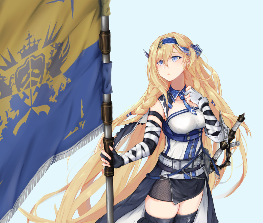 1girl arknights bangs bare_shoulders black_skirt blonde_hair blue_background blue_eyes blue_hairband blue_necktie braid breasts clov3r commentary_request cowboy_shot elbow_gloves fingerless_gloves flag gloves hair_between_eyes hairband hand_up holding holding_flag horns kingdom_of_victoria_logo large_breasts long_hair necktie parted_lips partial_commentary saileach_(arknights) shirt simple_background skirt sleeveless sleeveless_shirt solo standing thighs very_long_hair white_shirt