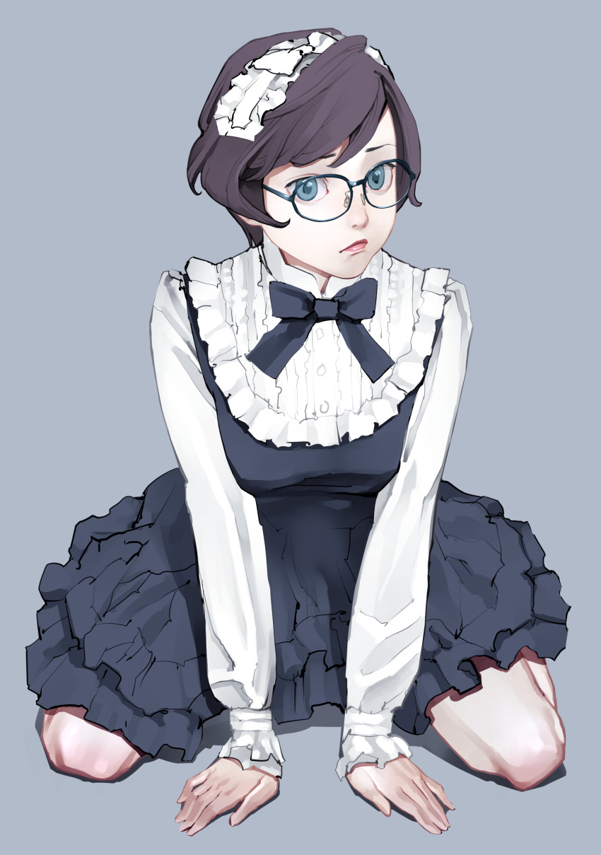 1girl arm_support black_dress blue-framed_eyewear blue_bow blue_bowtie blue_eyes bow bowtie breasts brown_hair closed_mouth dress expressionless frilled_dress frills full_body glasses grey_background highres inamitsu_shinji leaning_back lips lolita_fashion long_sleeves looking_at_viewer maid_headdress medium_breasts original round_eyewear shadow shirt short_hair simple_background sitting sleeveless sleeveless_dress solo spread_legs white_shirt