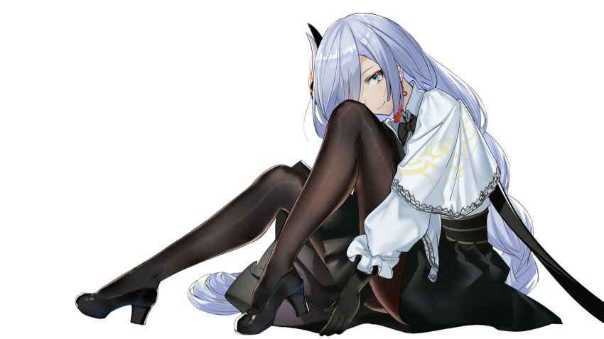 1girl absurdres black_footwear black_gloves blue_eyes capelet closed_mouth frilled_sleeves frills full_body genshin_impact gloves hair_over_one_eye high_heels highres long_hair long_sleeves looking_at_viewer pantyhose shenhe_(genshin_impact) simple_background skirt smile solo srpzk white_background white_hair