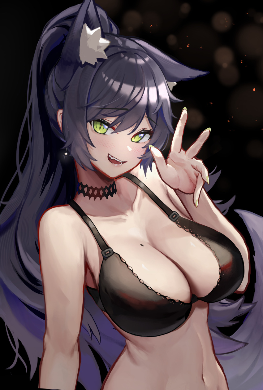 1girl absurdres animal_ear_fluff animal_ears black_background black_bra black_choker black_hair blush bra breasts cat_ears choker copyright_request earrings eyebrows_visible_through_hair green_eyes highres jewelry large_breasts long_hair looking_at_viewer mole mole_on_breast navel open_mouth oukafafafa slit_pupils smile solo teeth underwear virtual_youtuber