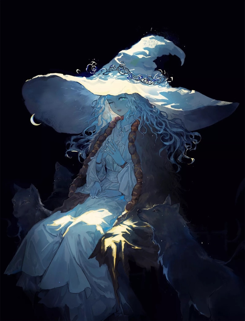 1girl artist_request blue_eyes blue_hair blue_skin colored_skin crack cracked_skin dress elden_ring extra_arms extra_faces fur_coat glowing_tattoo hat highres long_hair looking_at_viewer moon one_eye_closed ranni_the_witch simple_background sitting source_request tattoo witch witch_hat wolf