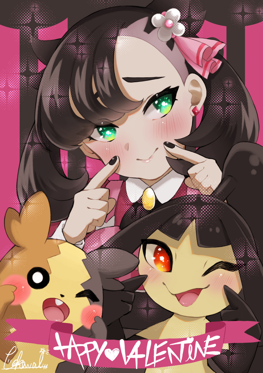 1girl absurdres bangs black_nails blush brown_hair closed_mouth commentary_request dress fingersmile green_eyes hair_ribbon hands_up happy_valentine highres kawaiban looking_to_the_side marnie_(pokemon) mawile medium_hair morpeko morpeko_(full) nail_polish official_alternate_costume pink_ribbon pokemon pokemon_(creature) pokemon_(game) pokemon_masters_ex raised_eyebrows ribbon smile