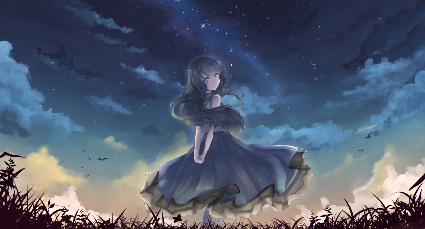absurdres artist_request blue_eyes blue_hair blue_skirt blue_sky clouds cloudy_sky crying field grass grasslands highres looking_at_viewer looking_back night night_sky original scenery skirt sky stars