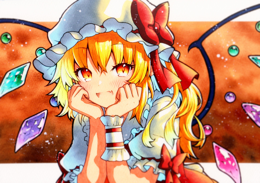 1girl ascot blonde_hair bow crystal fang flandre_scarlet frilled_shirt frilled_shirt_collar frilled_sleeves frills hat hat_ribbon highres medium_hair mob_cap one_side_up puffy_short_sleeves puffy_sleeves qqqrinkappp red_bow red_eyes red_ribbon red_vest ribbon shirt short_sleeves solo touhou traditional_media vest white_shirt wings yellow_ascot