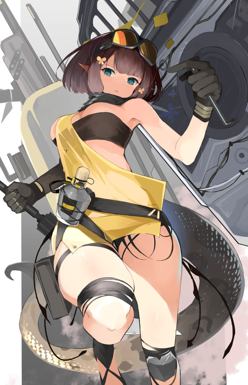 1girl absurdres arknights black_gloves black_shorts black_tube_top blue_eyes bottle breasts brown_hair eunectes_(arknights) flower gloves goggles goggles_on_head highres holding holding_shield large_breasts micro_shorts onkyi open_mouth see-through shield shirt short_hair shorts snake_tail solo strapless tail tube_top undersized_clothes yellow_flower yellow_shirt