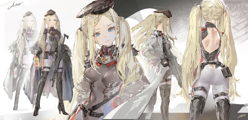 1girl a-545_(girls'_frontline) absurdres ass assault_rifle back bangs black_footwear black_gloves black_headwear black_legwear black_leotard blonde_hair blue_eyes bodysuit boots bottle breasts closed_mouth coat covered_navel from_behind frown full_body fur-trimmed_coat fur_trim girls_frontline gloves grey_coat gun hat high_heel_boots high_heels highres holding holding_bottle holding_gun holding_weapon leotard long_hair looking_at_viewer medium_breasts messikid multiple_views off_shoulder parted_bangs rifle scope simple_background standing thigh-highs thigh_boots trigger_discipline twintails very_long_hair weapon white_background
