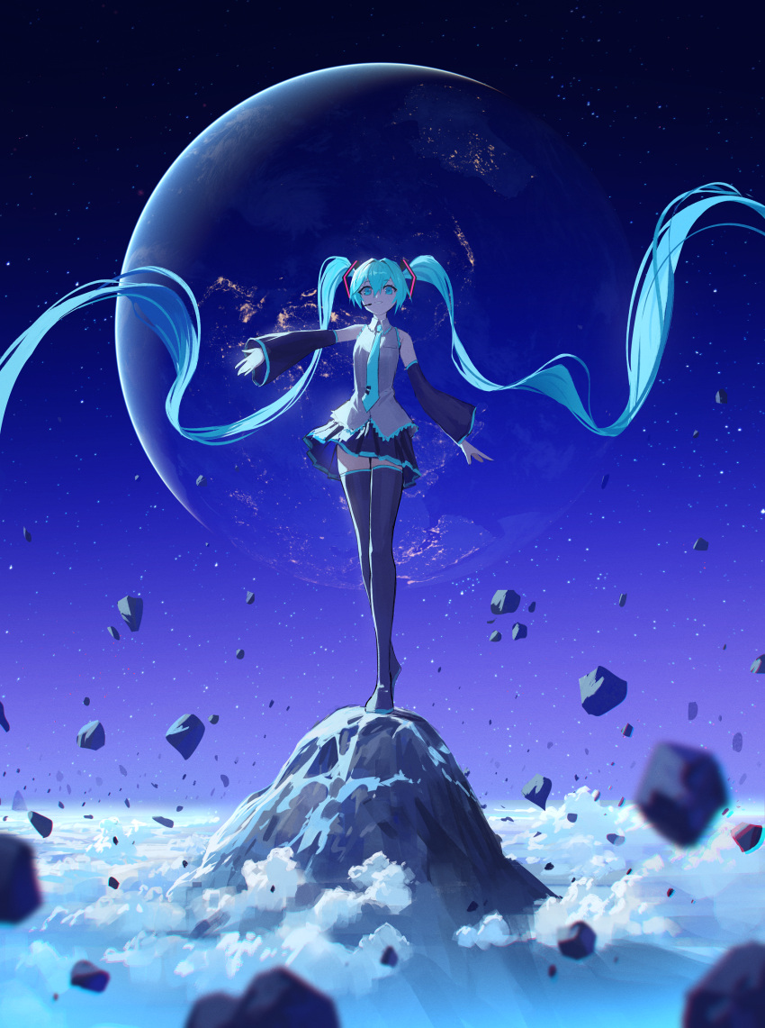 1girl absurdly_long_hair absurdres black_footwear black_legwear black_skirt black_sleeves blue_eyes blue_hair blue_necktie boots breast_pocket collared_shirt commentary detached_sleeves earth_(planet) eyebrows_visible_through_hair floating_hair full_body grey_shirt hair_between_eyes hatsune_miku headset highres long_hair looking_at_viewer necktie parted_lips planet pleated_skirt pocket rock rubble shirt skirt sky sleeveless sleeveless_shirt smile solo space star_(sky) starry_sky thigh-highs thigh_boots twintails vertigris very_long_hair vocaloid