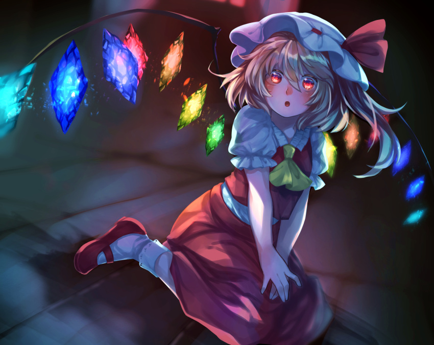 1girl :o ascot bangs beekan between_legs blonde_hair blush bobby_socks commentary_request crystal flandre_scarlet frilled_shirt_collar frilled_sleeves frills full_body hair_between_eyes hand_between_legs hat hat_ribbon highres looking_at_viewer mary_janes medium_hair mob_cap night nose on_ground one_side_up open_mouth puffy_short_sleeves puffy_sleeves red_eyes red_footwear red_ribbon red_skirt red_vest ribbon shirt shoes short_sleeves side_ponytail sitting skirt skirt_set socks solo touhou vest wariza wavy_hair white_legwear white_shirt wings yellow_ascot