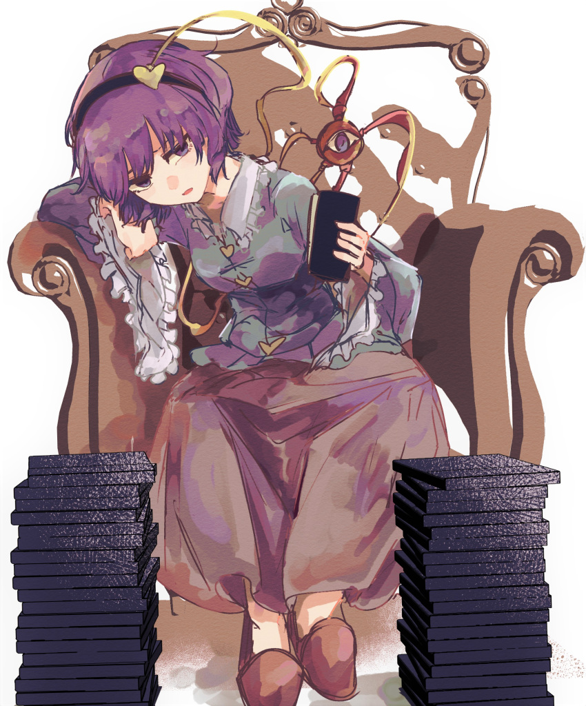 1girl absurdres armchair black_hairband blouse blue_blouse book book_stack buttons chair commentary eyebrows_behind_hair frilled_shirt_collar frilled_sleeves frills full_body hair_ornament hairband head_rest heart heart_button heart_hair_ornament highres holding holding_book jitome komeiji_satori leaning_to_the_side light_blush long_sleeves looking_at_viewer on_chair parted_lips pink_skirt purple_hair red_footwear short_hair simple_background sitting skirt slippers solo third_eye totopepe888 touhou violet_eyes white_background wide_sleeves