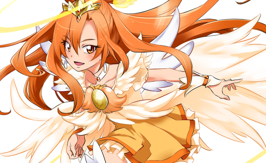 1girl :d bow_by_hair brooch choker commentary_request cure_sunny cure_sunny_(princess_form) dress eyelashes hair_ornament happy hino_akane_(smile_precure!) jewelry kurose_kousuke long_hair looking_at_viewer magical_girl open_mouth orange_dress orange_eyes orange_hair orange_theme precure simple_background smile smile_precure! solo white_background wrist_cuffs