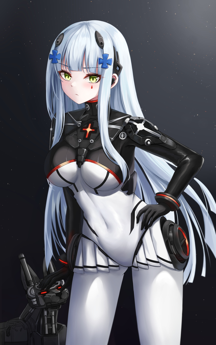 1girl absurdres bangs blush bodysuit breasts closed_mouth covered_navel daisy_cutter eyebrows_visible_through_hair feet_out_of_frame girls_frontline green_eyes hair_ornament hairclip hand_on_hip hand_on_own_head headphones highres hk416_(girls'_frontline) hk416_(midnight_evangelion)_(girls'_frontline) leaning_forward light_blue_hair long_hair looking_at_viewer medium_breasts multicolored_bodysuit multicolored_clothes official_alternate_costume robot_animal simple_background solo standing starry_background teardrop_facial_mark teardrop_tattoo
