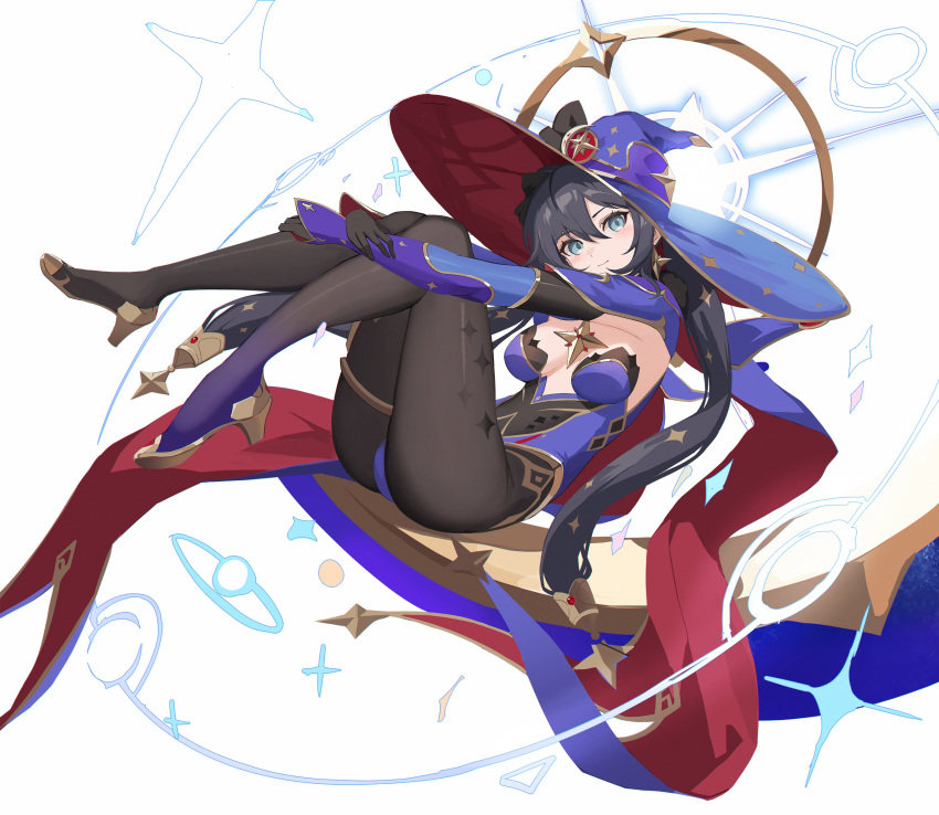 1girl absurdres ass black_gloves black_hair black_legwear blue_eyes breasts elbow_gloves eruthika full_body genshin_impact gloves hair_between_eyes hair_ornament hat highres knees_to_chest knees_together_feet_apart leotard long_hair medium_breasts mona_(genshin_impact) pantyhose simple_background smile solo thighlet twintails very_long_hair white_background witch_hat