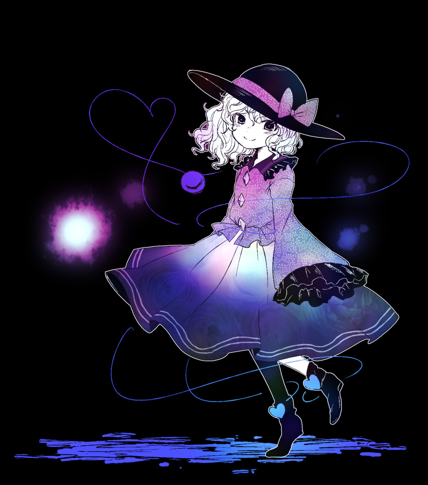 1girl asymmetrical_footwear asymmetrical_legwear black_background blouse blush boots bow buttons closed_mouth commentary diamond_button floral_print frilled_shirt_collar frilled_sleeves frills full_body hair_between_eyes hat hat_bow heart heart_of_string highres iiwake komeiji_koishi limited_palette long_sleeves looking_at_viewer medium_hair rose_print simple_background single_boot single_thighhigh skirt sleeves_past_fingers sleeves_past_wrists smile solo standing standing_on_one_leg thigh-highs third_eye touhou wavy_hair wide_sleeves